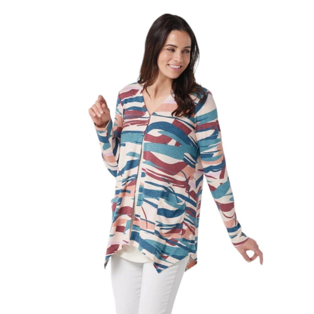 Logo Lori Goldstein Womens Cardigan Multi Camo Print Hanky Hem Comfort Sweater M
